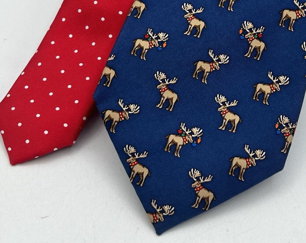 Tommy Hilfiger Christmas Lights Blue Moose Silk Neck Tie Two Design Polka Dot